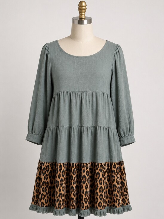 Umgee Tops - Umgee Sage Green Leopard Print Tiered Babydoll Dress | Boho Tunic Dress